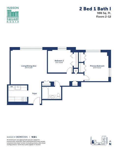 Floor plan for 2 beds, 1 bath, 986 sqft